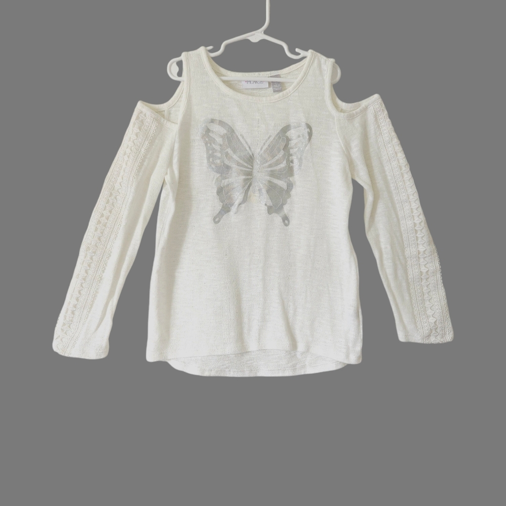 Childrens Place Girls Long Sleeve Crochet Cold Shoulder Cream T-Shirt Size L